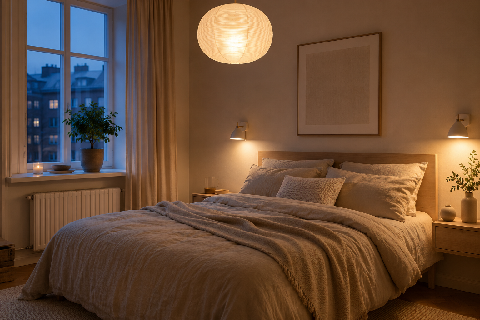 Chambre scandinave avec appliques de chevet et suspension douce