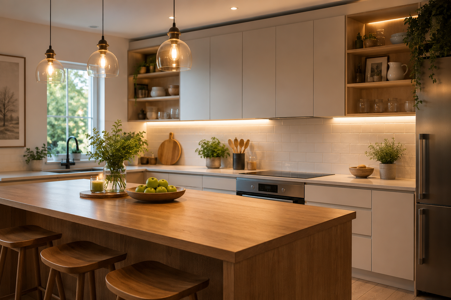 Cuisine scandinave avec suspensions au-dessus d'un îlot