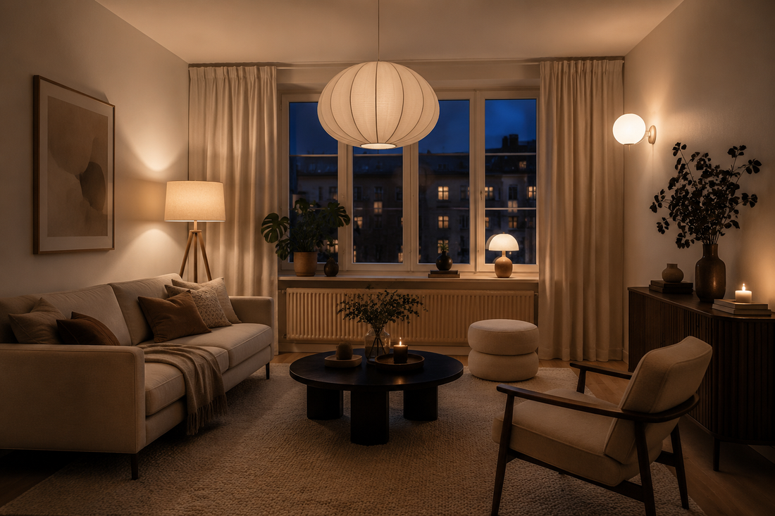 Salon scandinave avec éclairage bien équilibré