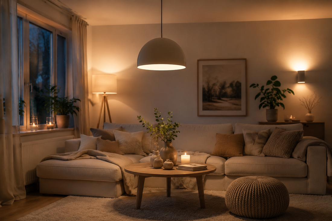 Salon avec éclairage en trois couches