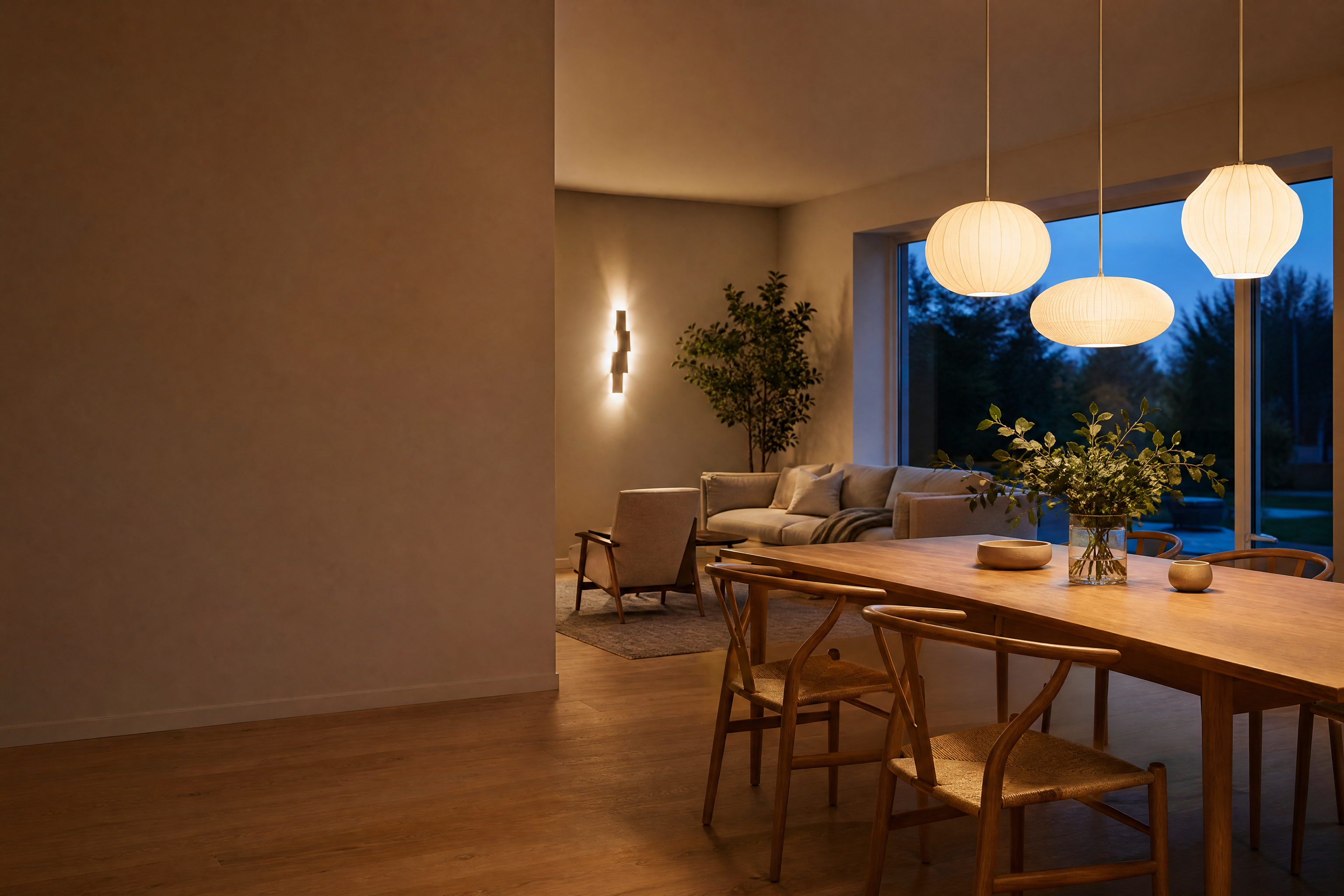 Intérieur scandinave chaleureux avec suspensions et applique design FOIVY