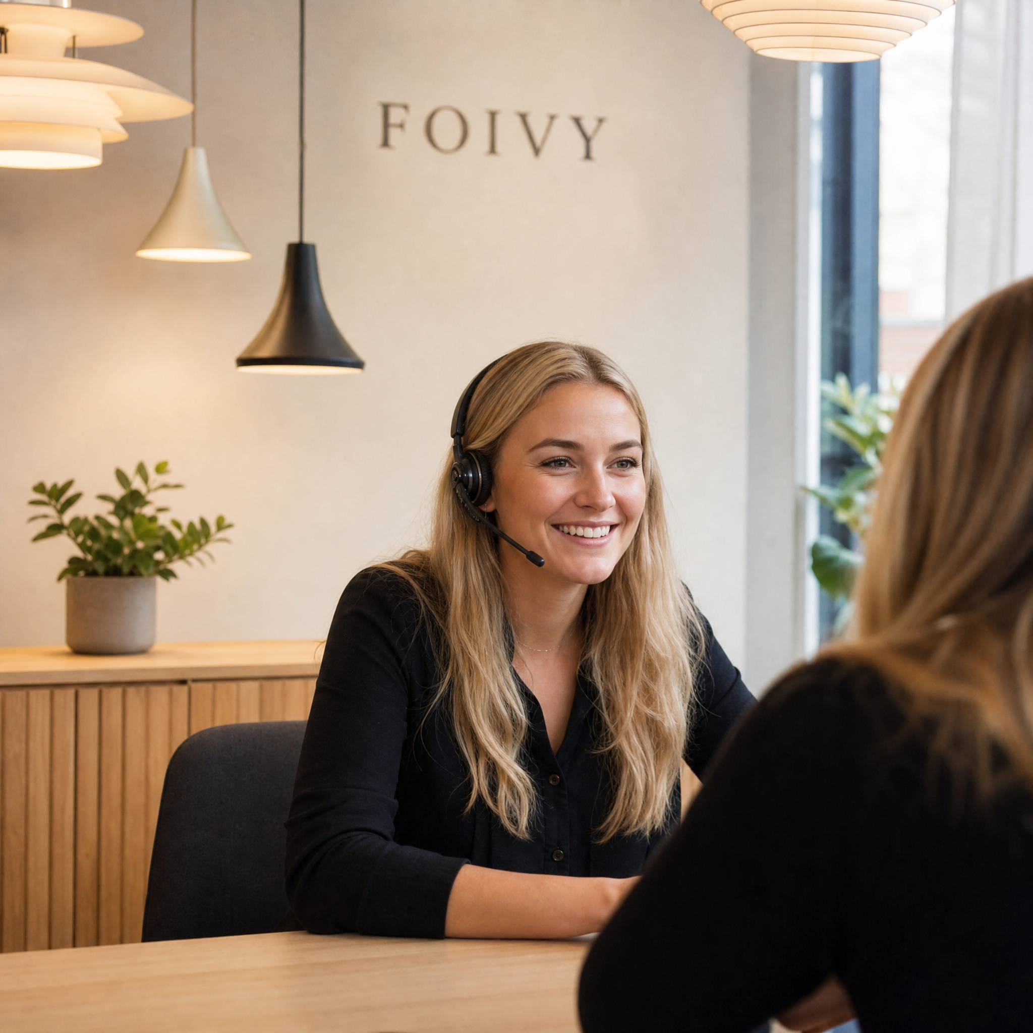Service client FOIVY, conseillère souriante avec casque